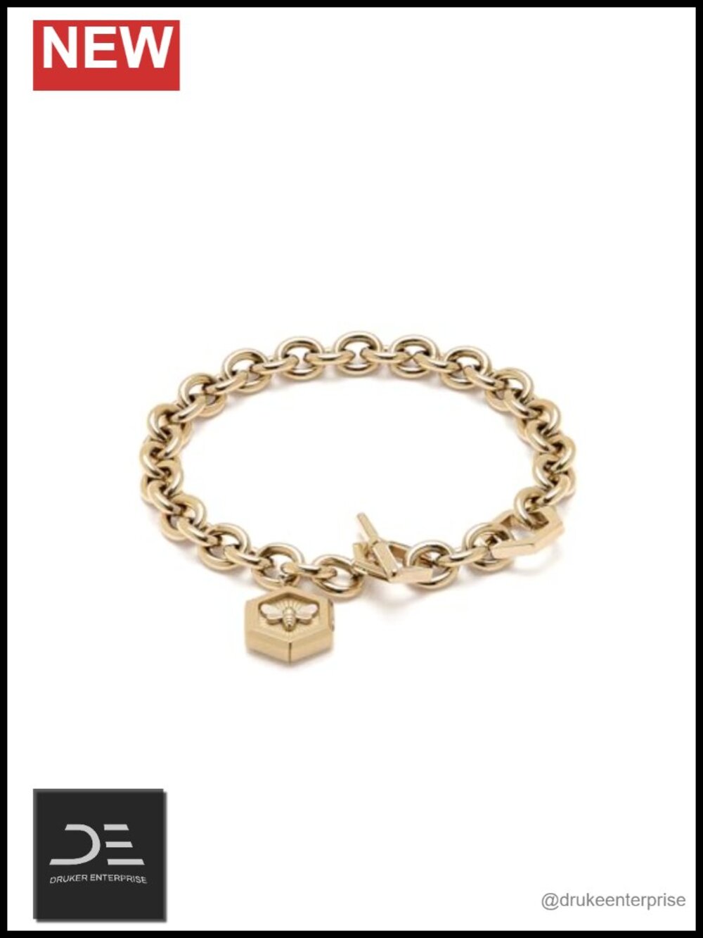 Gold Plated Bee Honeycomb T-Bar Link Bracelet Women
